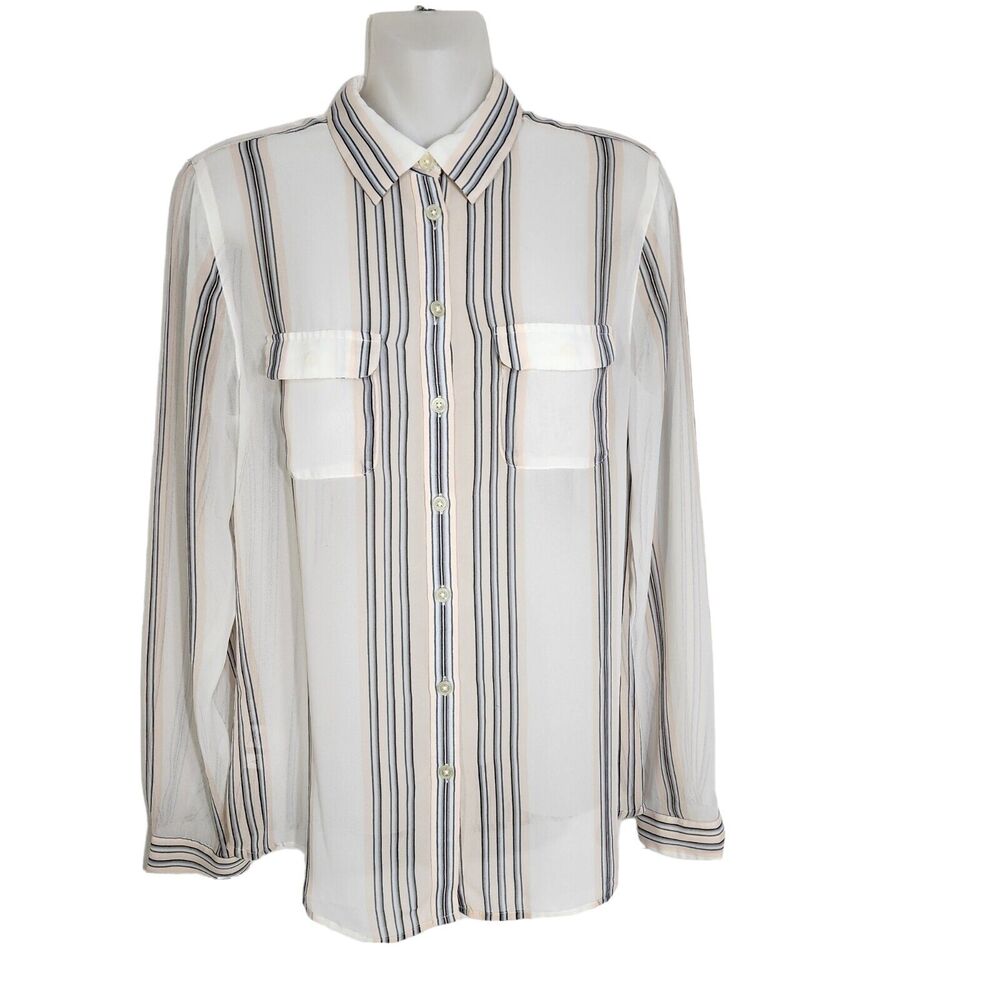 Ann Taylor Loft Womens Top Small Multicolor Button Up Sheer Long Sleeves Pockets